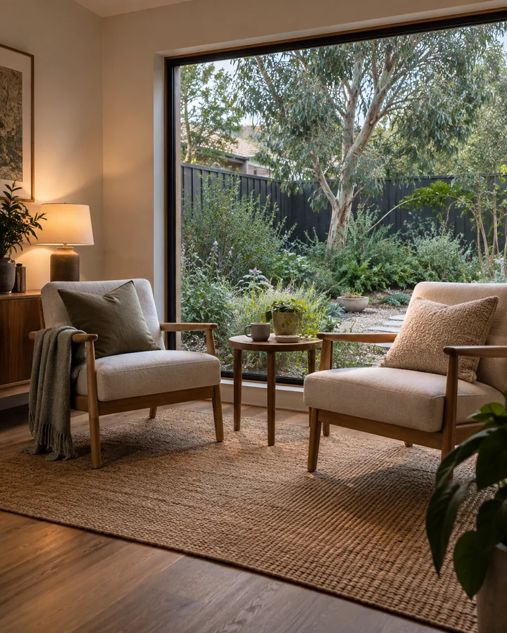 Two upholstered timber chairs beside a garden window in soft afternoon light