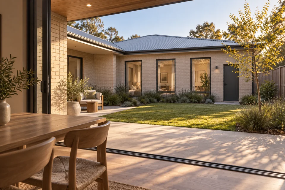 Warm afternoon light falls across a quiet brick courtyard beyond a dining table