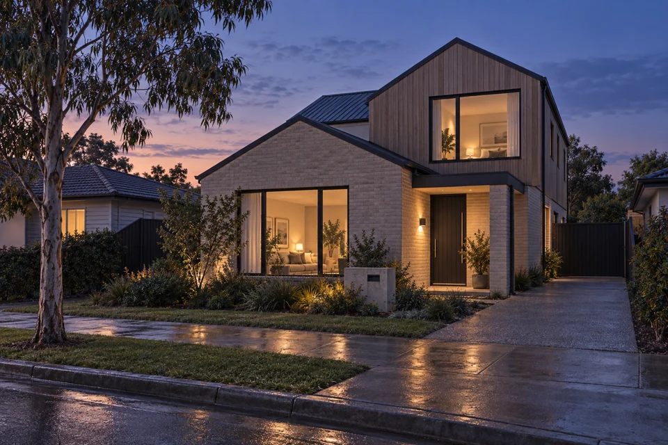 Warm windows in a modern gabled family home at blue hour