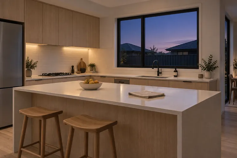 A timber kitchen with an island and a broad window at dusk