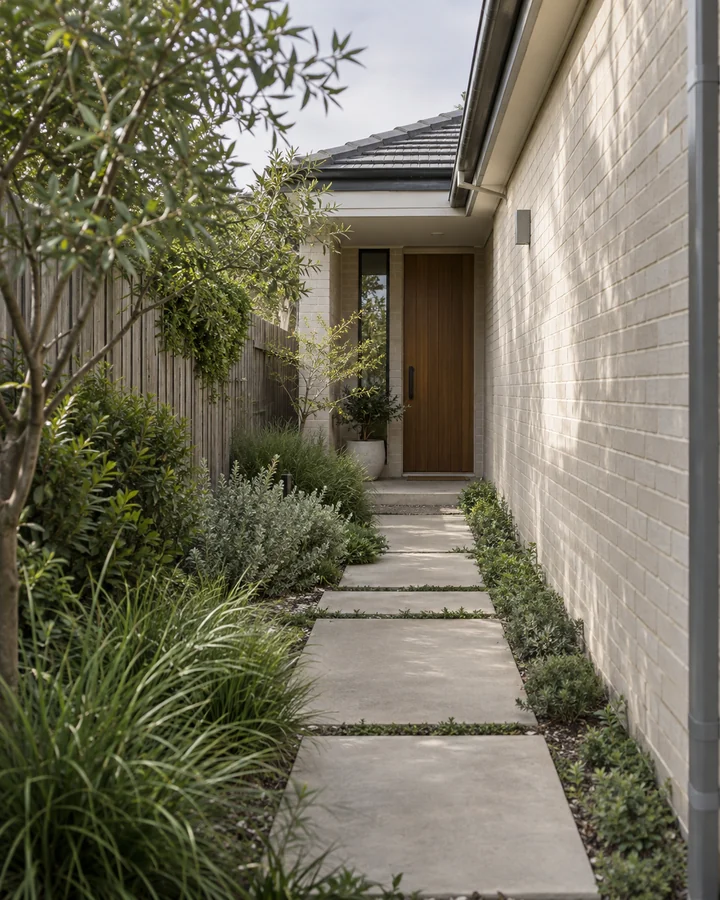 A paved path through native planting leads to a recessed timber entry