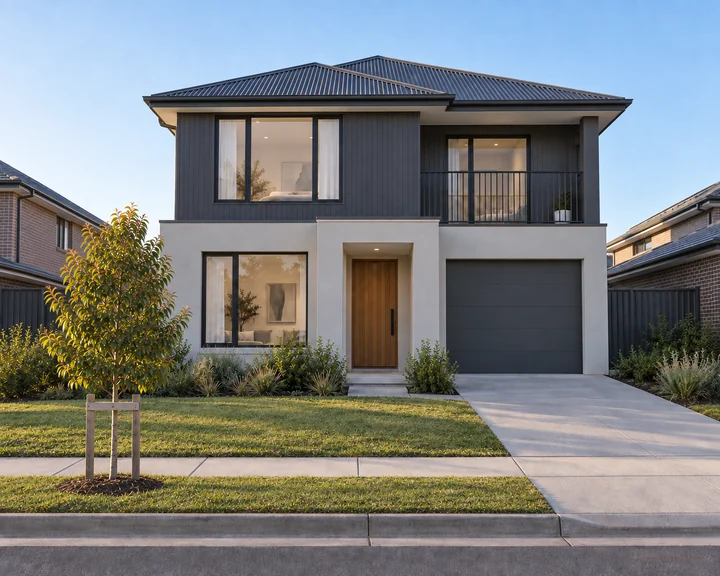 A compact two-storey family home with dark upper cladding and a small balcony