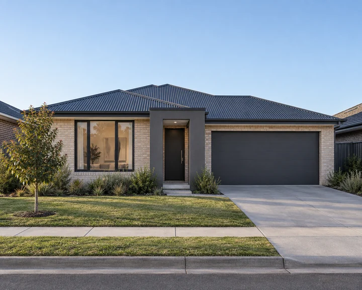 A modest single-storey pale-brick home with a dark roof and native front garden
