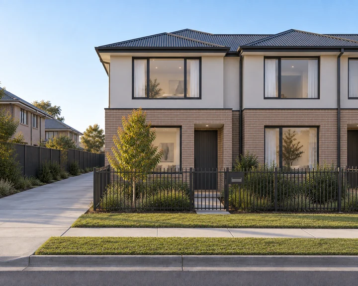 A brick and render townhouse with a small fenced front garden in morning light