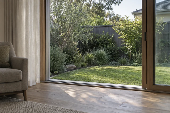 Soft morning light crosses a timber floor beside an opening to a small green garden