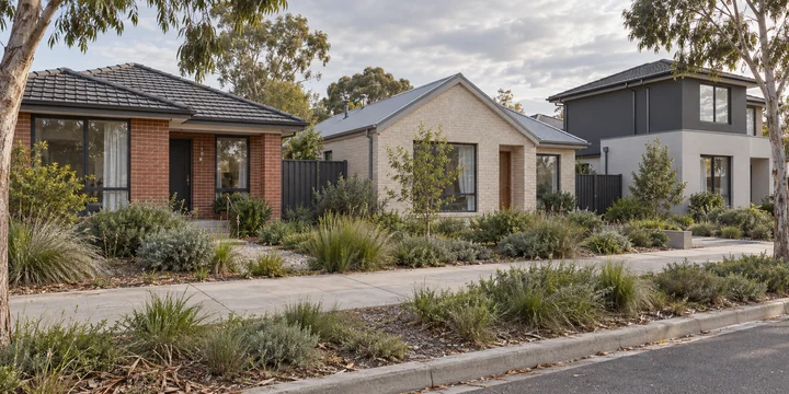 Three different contemporary family homes beside a footpath and native garden verge