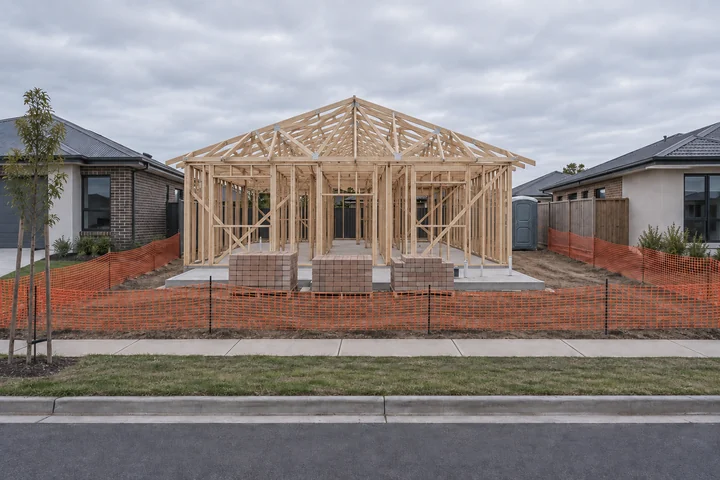 A timber house frame on a concrete slab behind orange safety fencing under an overcast sky