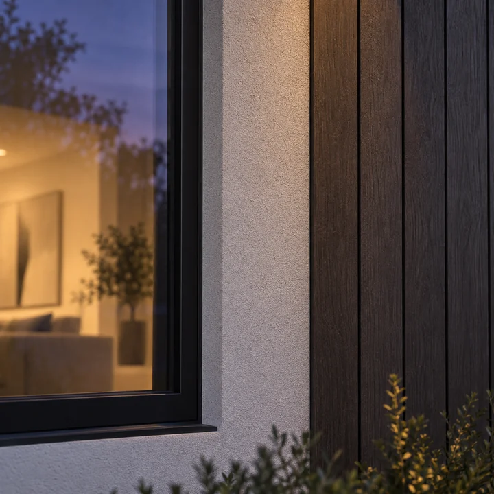 Warm interior light and blue-hour reflections meet at a textured render and timber window detail